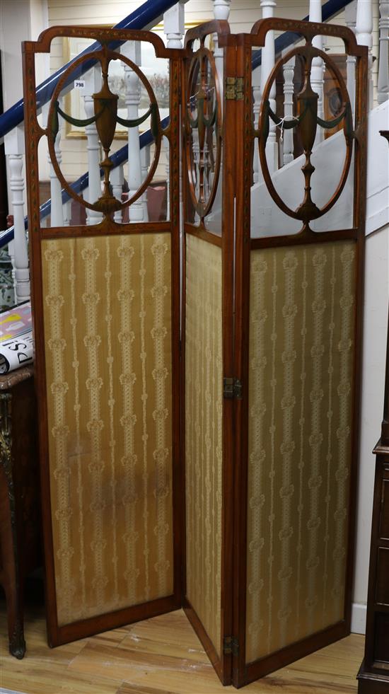 An Edwardian painted satinwood three fold dressing screen W.138cm